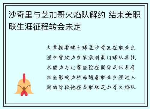 沙奇里与芝加哥火焰队解约 结束美职联生涯征程转会未定 沙奇里与芝加哥火焰队解约 结束美职联生涯征程转会未定