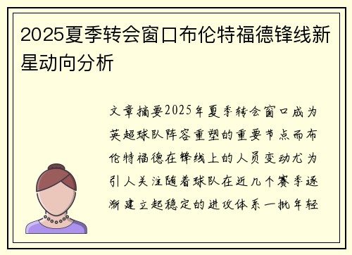 2025夏季转会窗口布伦特福德锋线新星动向分析 2025夏季转会窗口布伦特福德锋线新星动向分析
