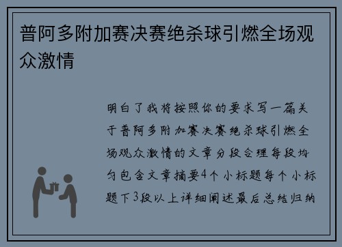 普阿多附加赛决赛绝杀球引燃全场观众激情